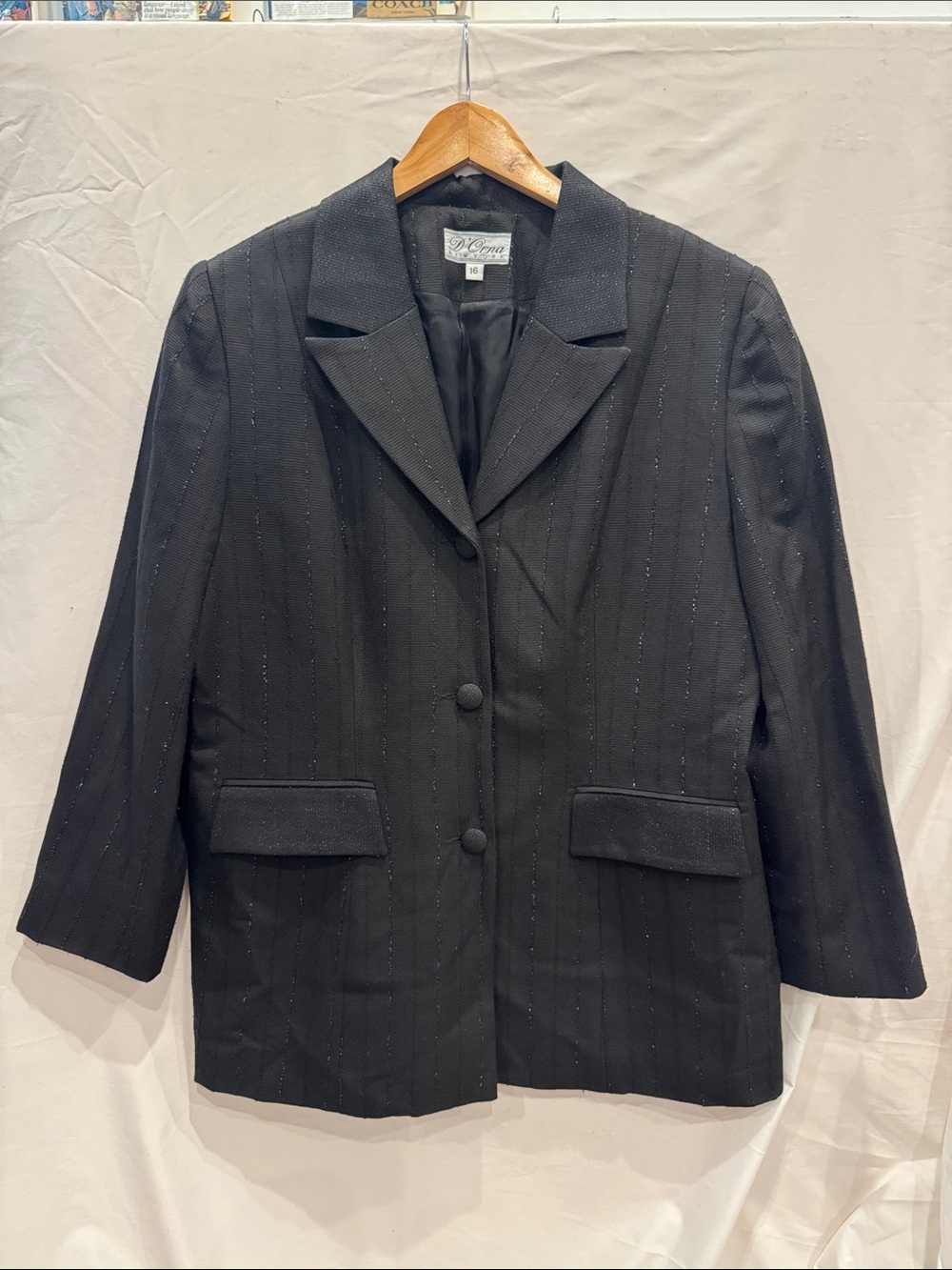Vintage 90s Black Pinstripe Women's Blazer 16 Tweed Metallic Stripes